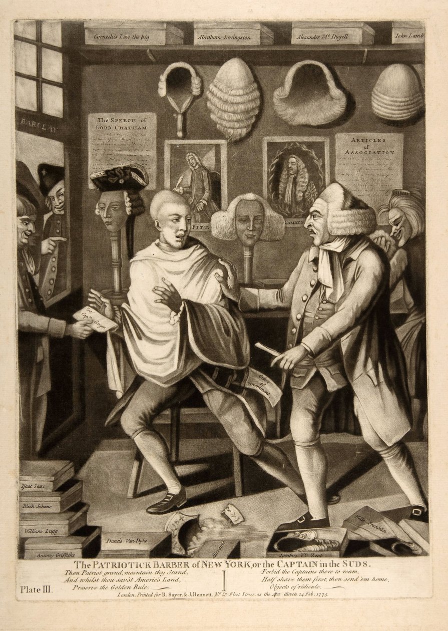 The Patriotic Barber of New York, eller kaptenen i skummet, pub. 1775 av American School
