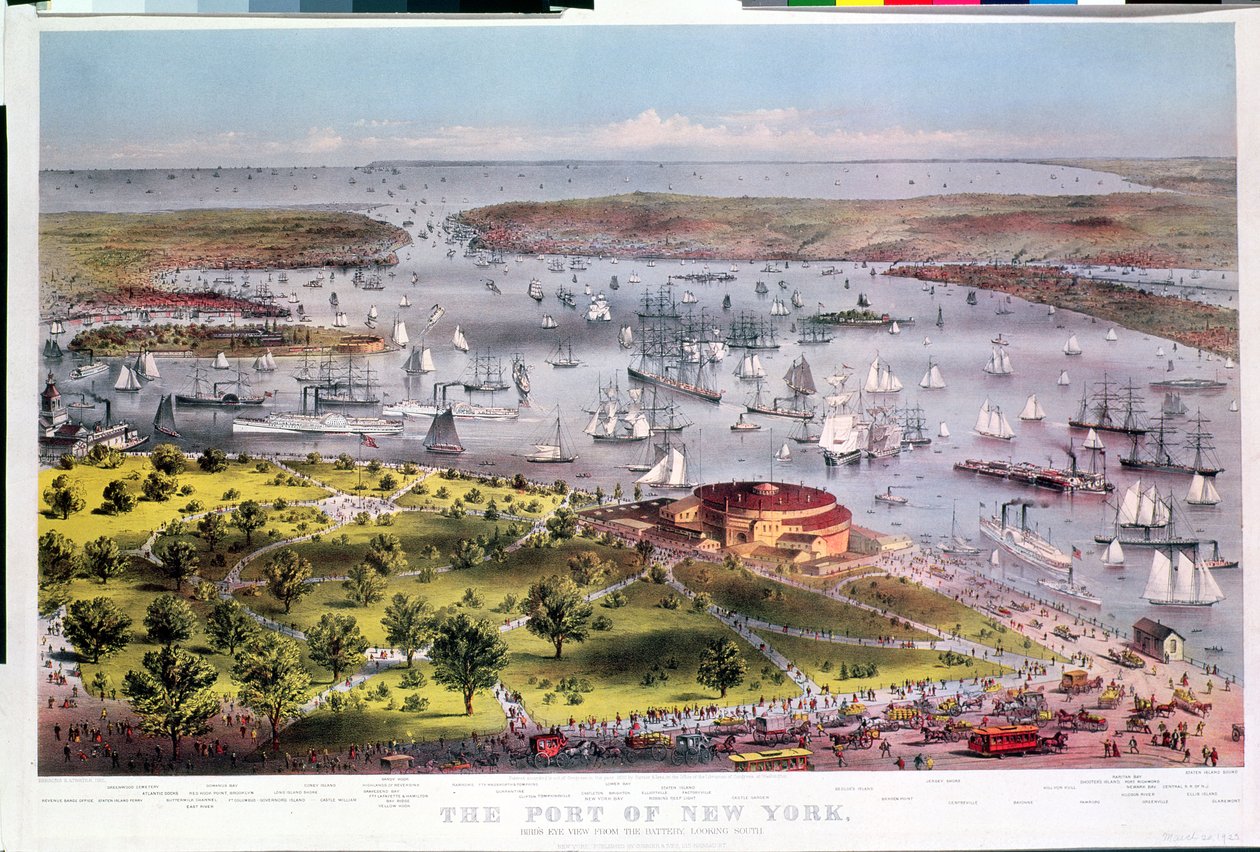 New Yorks hamn, fågelperspektiv från batteriet mot söder, graverad av Parsons & Atwater, publicerad av Currier & Ives, 1872 av American School