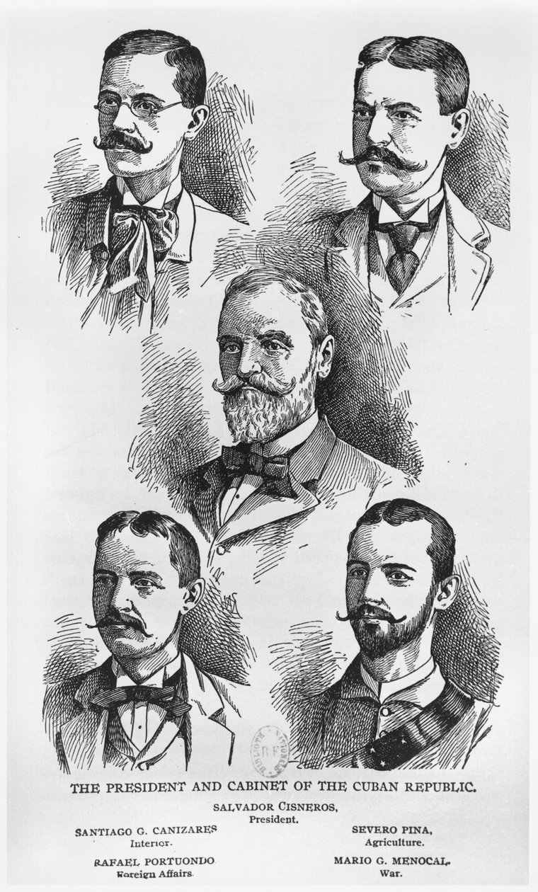 Presidenten Salvador Cisneros Betancourt (1828-1914) och den kubanska republikens kabinett, ca. 1895, illustration från The Story of Cuba av Murat Halstead, Werner Company, publicerad 1898 (gravyr av American School