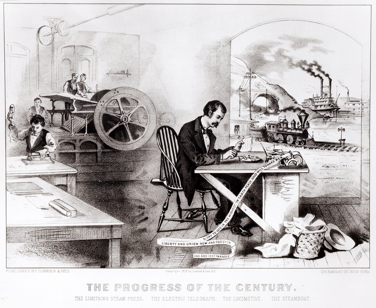 Århundradets framsteg: Lightning Steam Press, Electric Telegraph, Lokomotivet och Ångbåten, pub. av Currier & Ives, 1876 av American School