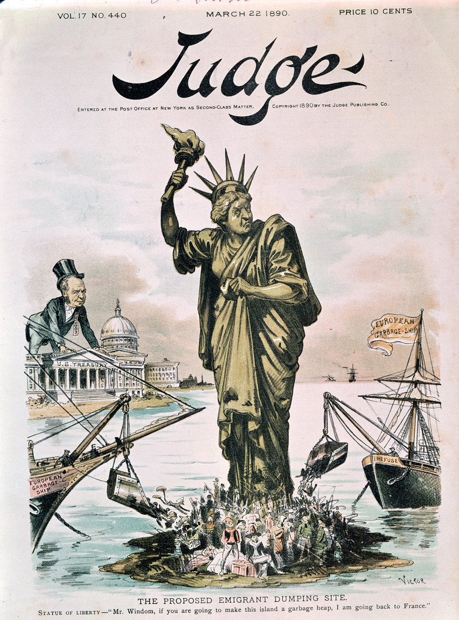 Den föreslagna emigrantdumpningsplatsen, främre omslaget till Judge, 22 mars 1890 av American School