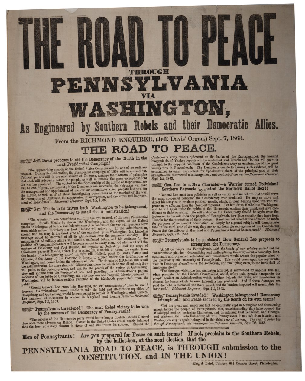 Vägen till fred genom Pennsylvania via Washington, konstruerad av södra rebeller och deras demokratiska allierade, King & Baird (1839-1876), 7 september 1863 av American School