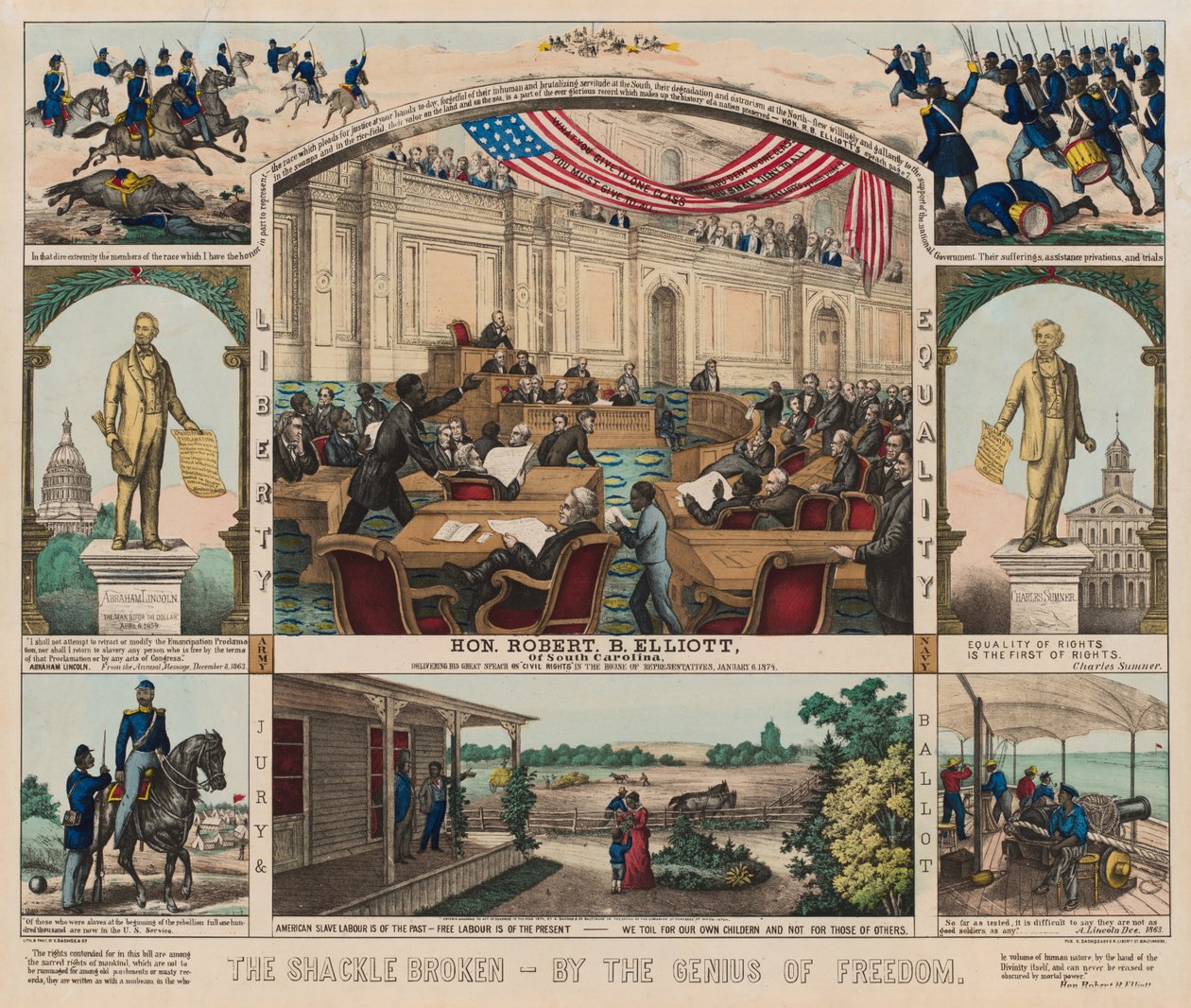 The Shackle Broken - By the Genius of Freedom, c.1860-1879 (färg litho) av American School
