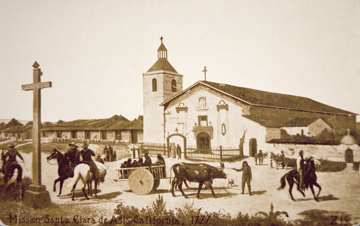 The Spanish Mission, Santa Clara de Asis, Kalifornien 1777 (litho) av American School