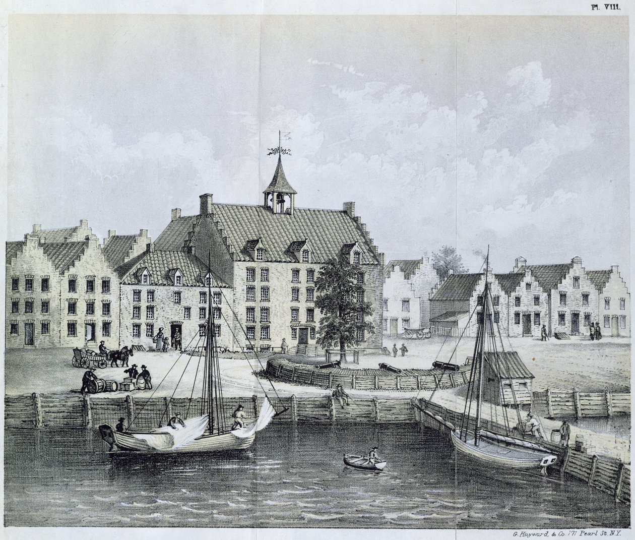 The Stadthuys of New York 1679, Corner of Pearl Street och Coentijs Slip, från Journal of a Voyage to New York 1679-80 av Jasper Danckaerts (f.1639) och Peter Sluyter (1645-1722), publicerad 1867 av American School
