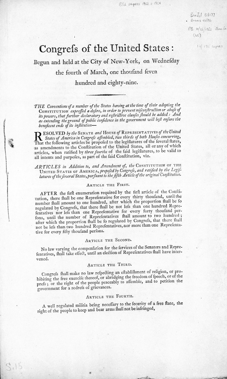 United States Bill of Rights, färdigställd 1789 (tryck) av American School