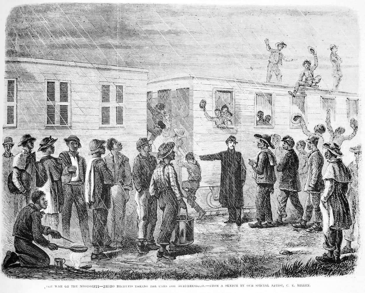 Kriget mot Mississippi Negro rekryterar ombord på bilen till Murfreesboro, från Frank Leslies Illustrated Newspaper, maj 1864 av American School