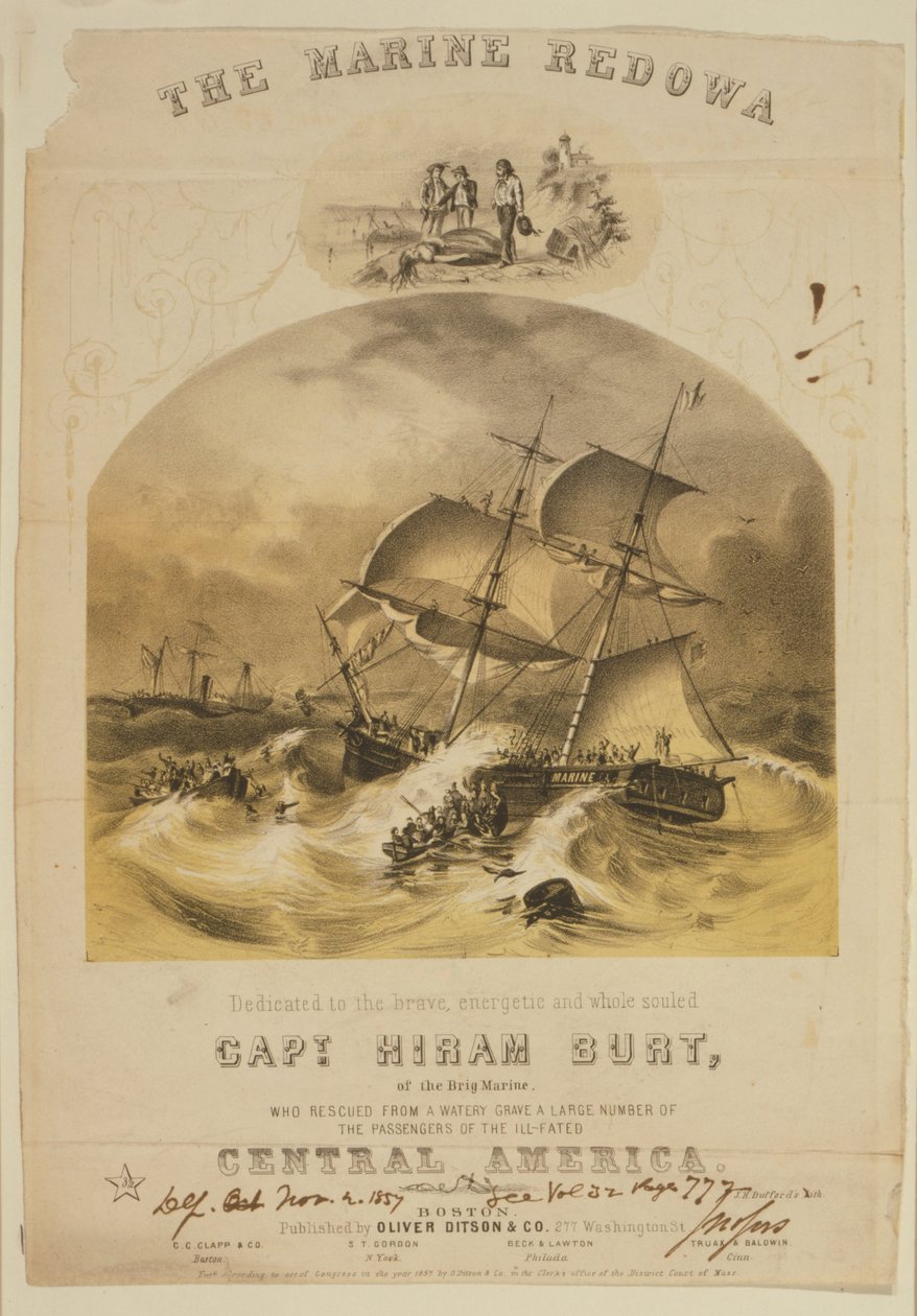 Briggen Marine räddade passagerare i livbåtar från ångbåten SS Central America efter att den fångats i en orkan utanför Carolinas i september 1857. Över 550 drunknade och 30 000 pund (14 000 kg) kaliforniskt guld gick förlorade. av American School