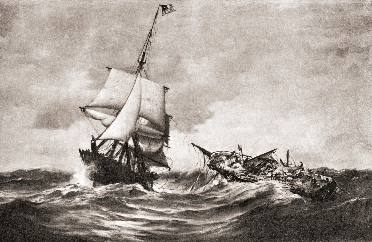 Infångandet av HMS Frolic av krigsslupen USS Wasp, en sjöaktion som utkämpades i Atlanten den 18 oktober 1812, under kriget 1812, från "The History of Our Country", publicerad 1905 (litho) av American School