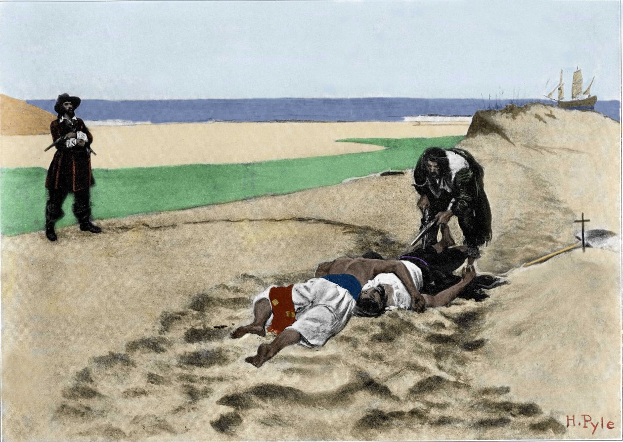 De döda talar inte: illustration om pirater från "Book of pirates Buccaneers and Marooners of the Spanish Main" av Howard Pyle (1853 - 1911), amerikansk illustratör. 1887. av American School