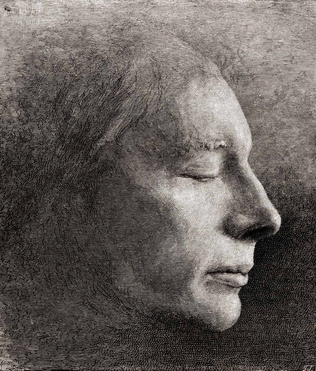 John Keats dödsmask, från "The Century Illustrated Monthly Magazine", publicerad 1884 (gravyr) av American School