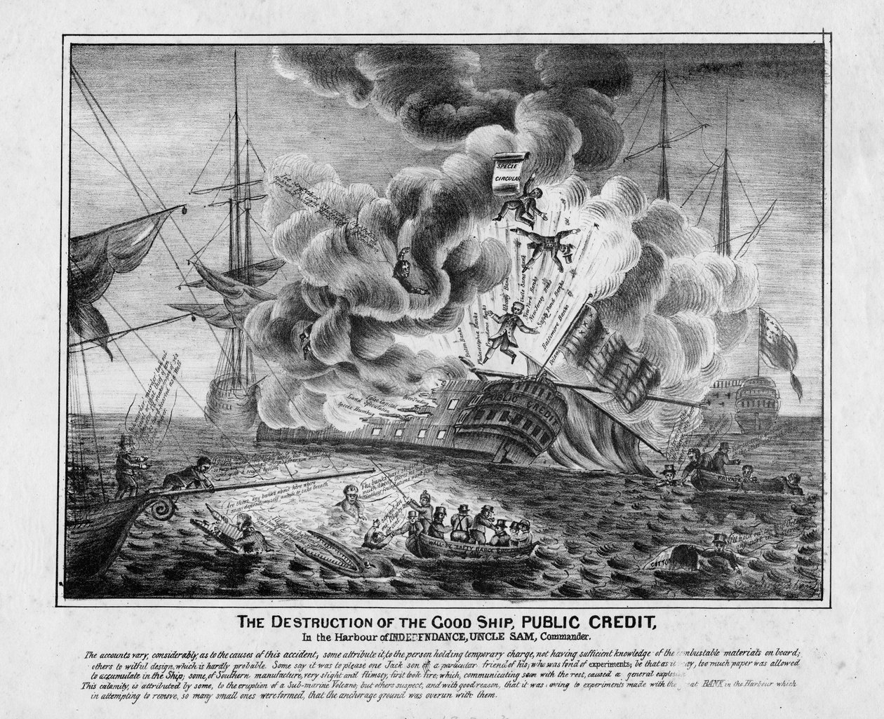 Förstörelsen av det goda skeppet Public Credit, i hamnen i Independence, Uncle Sam, Commander, c.1836 av American School