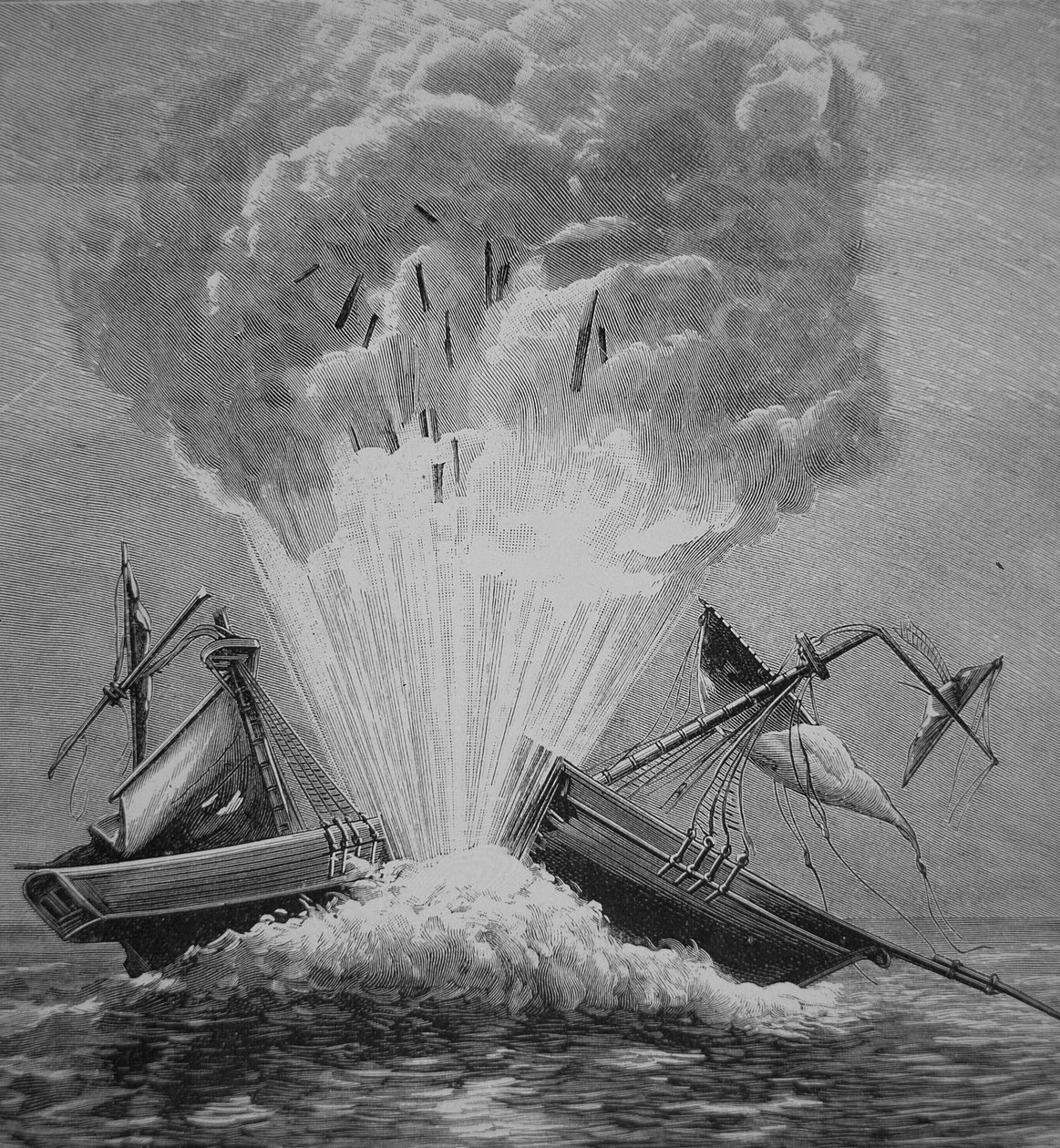 Den första torpeden, uppfunnen av Robert Fulton (1765-1815) spränger den danska briggen 