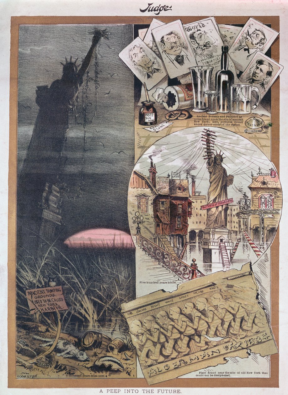 Framtiden för Frihetsgudinnan. karikatyr från Judge magazine vid tiden för dess konstruktion 1886 av American School
