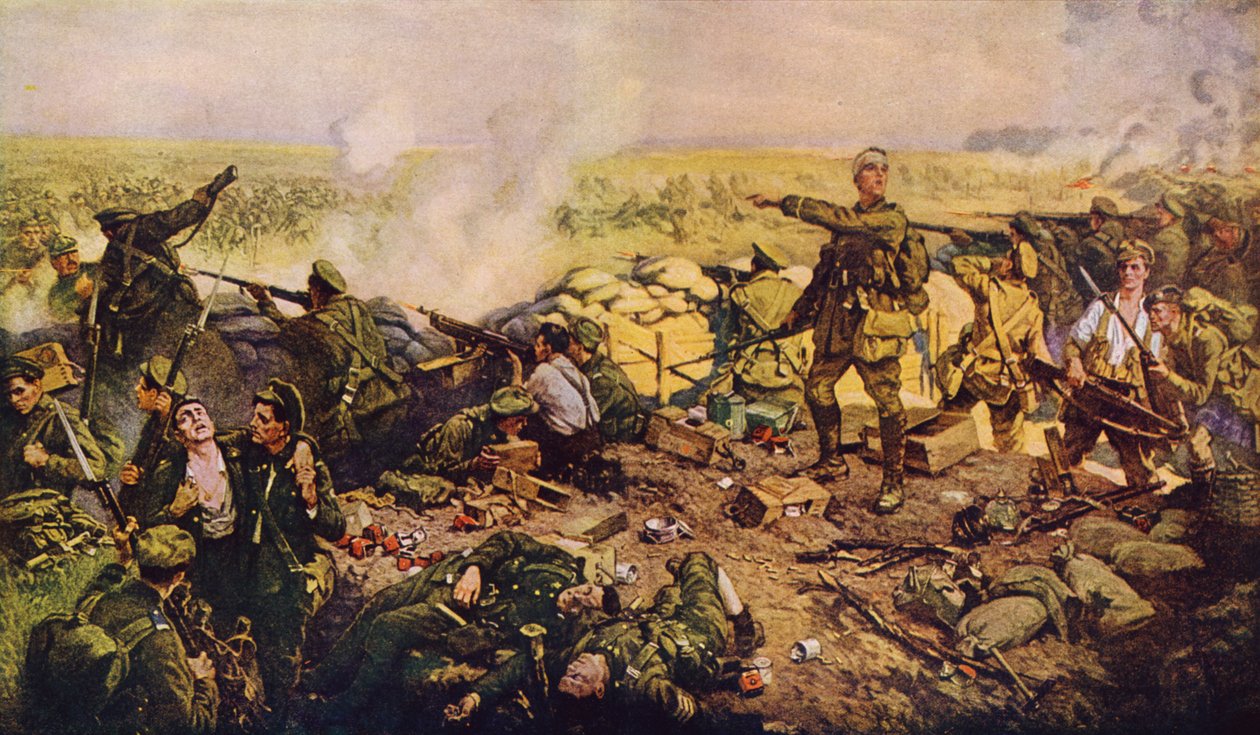 De okuvliga kanadensarna i det berömda slaget vid Ypres (färglitografi) av American School