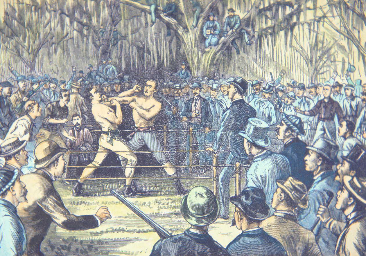 Det sista mästerskapskampen i bar knoge boxning 1889, John L. Sullivan v. Jake Kilrain i Richburg, Mississippi (färg litho) av American School