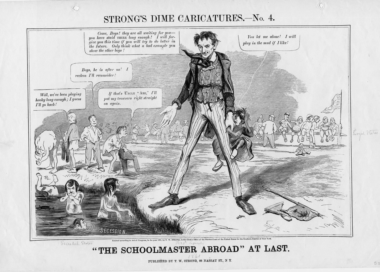 Skolmästaren utomlands äntligen : Starka dime karikatyrer, nej. 4, utgiven av T.W. Strong, New York, 1861 av American School