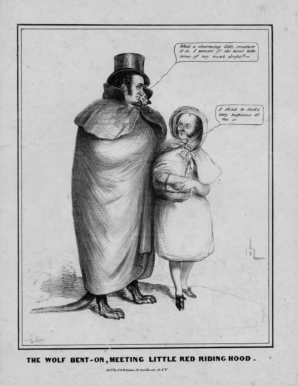 Vargen böjd, möter Rödluvan, publicerad av H R Robinson, New York, ca 1840 av American School