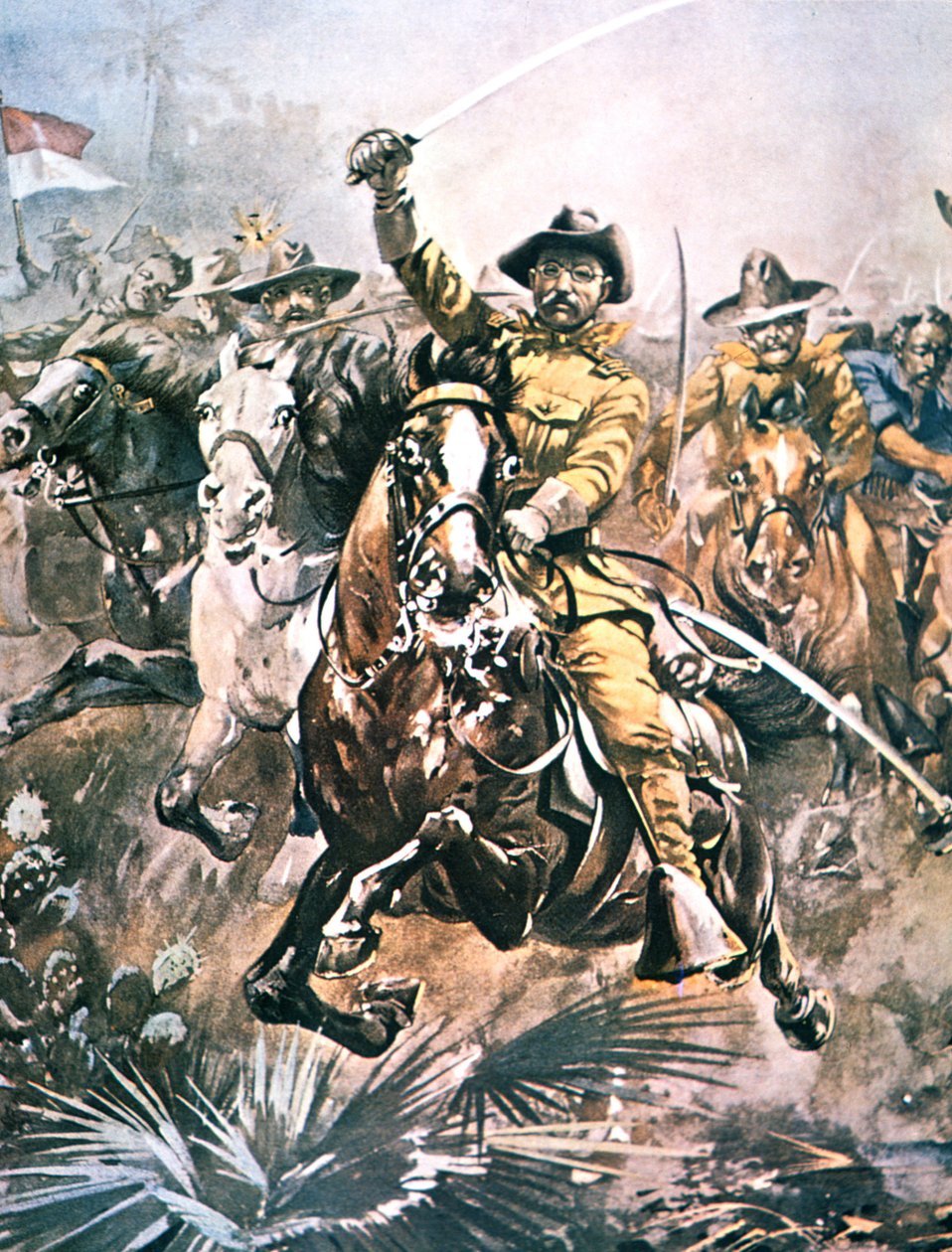 Theodore Roosevelt ledde "Rough Riders" under det spansk-amerikanska kriget, detalj av en målning av W.G. Road av American School