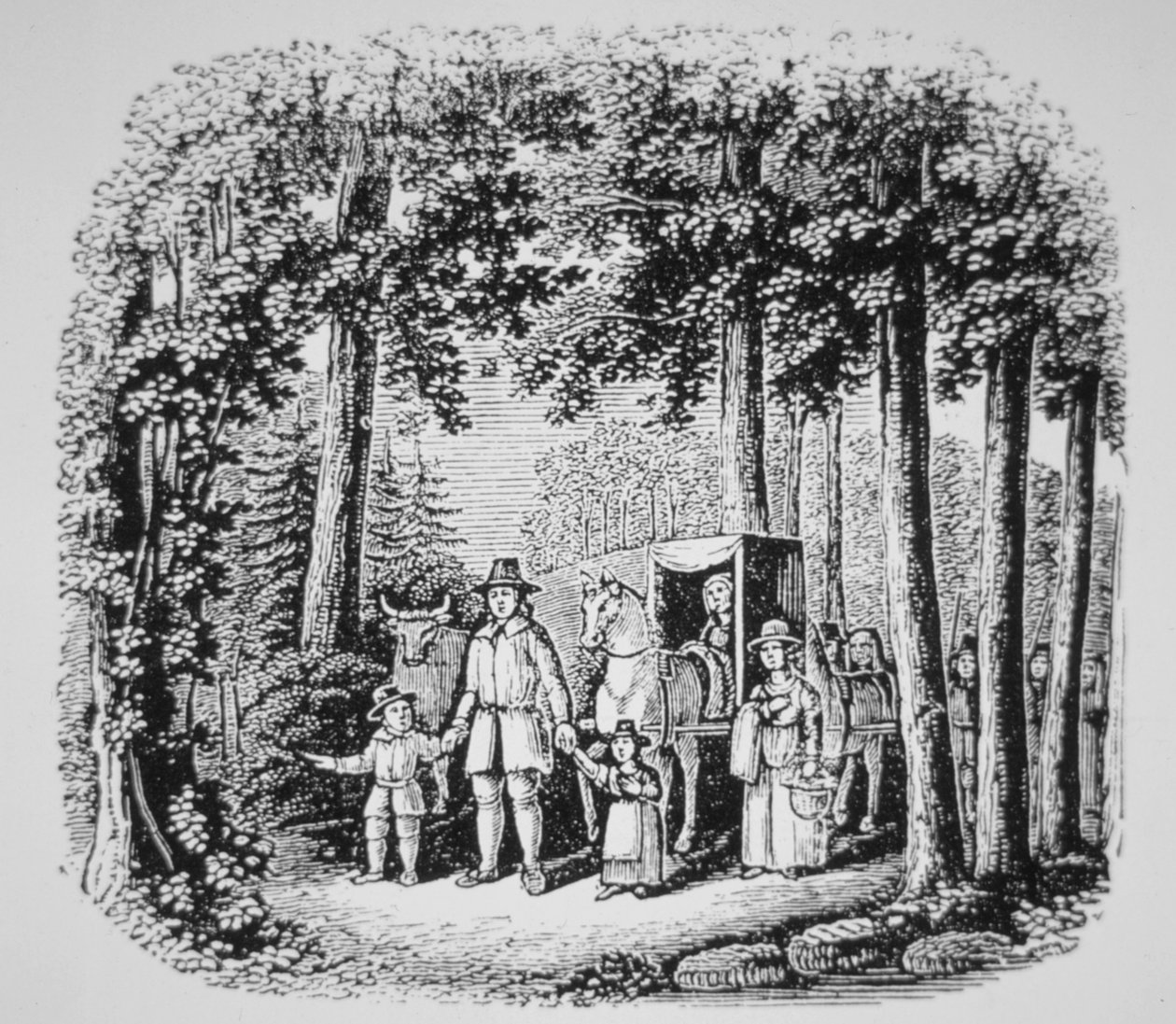 Thomas Hooker leder sina församlingsbor in i Connecticuts vildmark (litho) av American School
