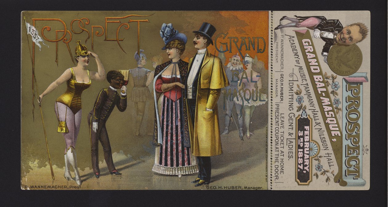 Biljett och kupong till Prospect Association stora maskeradbal på Academy of Music, Tammany Hall och Nilsson Hall, New York (chromolitho) av American School