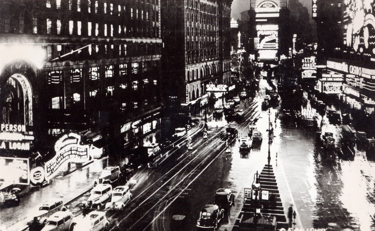 Times Square at Night, New York, ca 1930 (efter ett foto) av American School