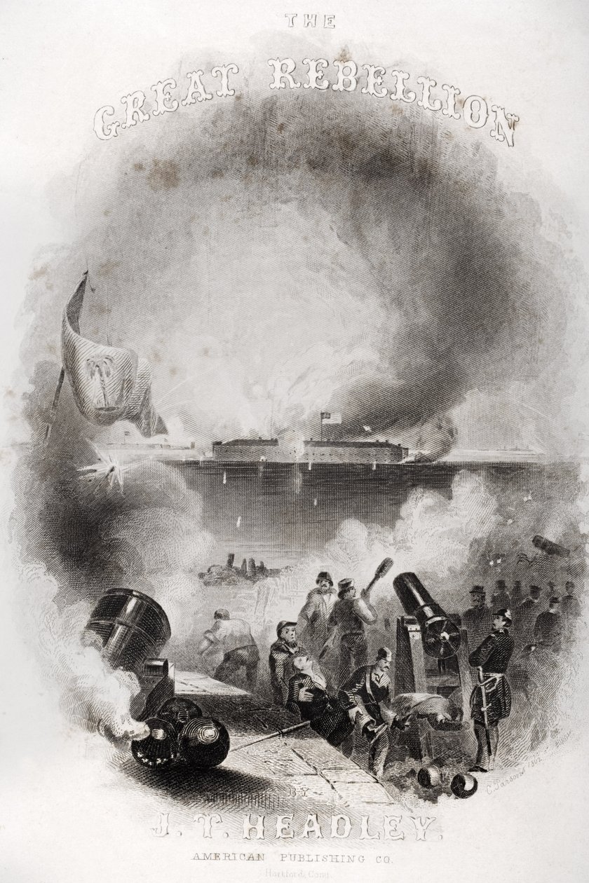 Titelsidesillustration av attacken på Fort Sumter 1861, från "The Great Rebellion" av J.T. Headley, publicerad 1866 av American School