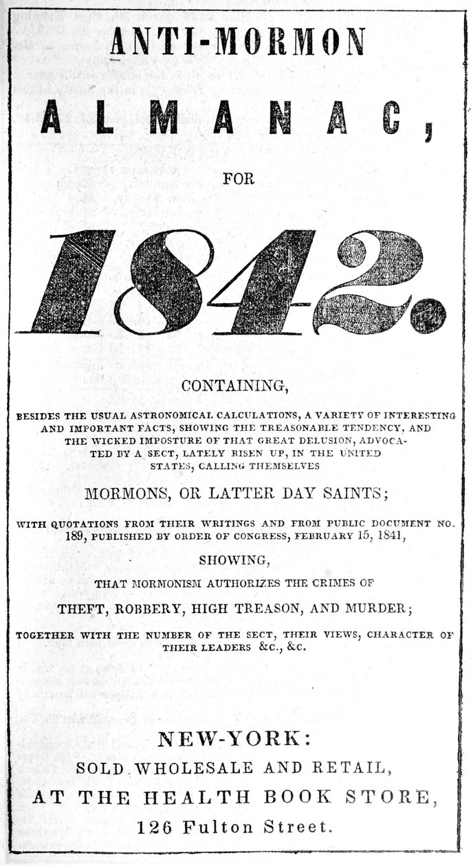 Titelsidan för antimormonalmanackan för 1842 (tryckt) av American School