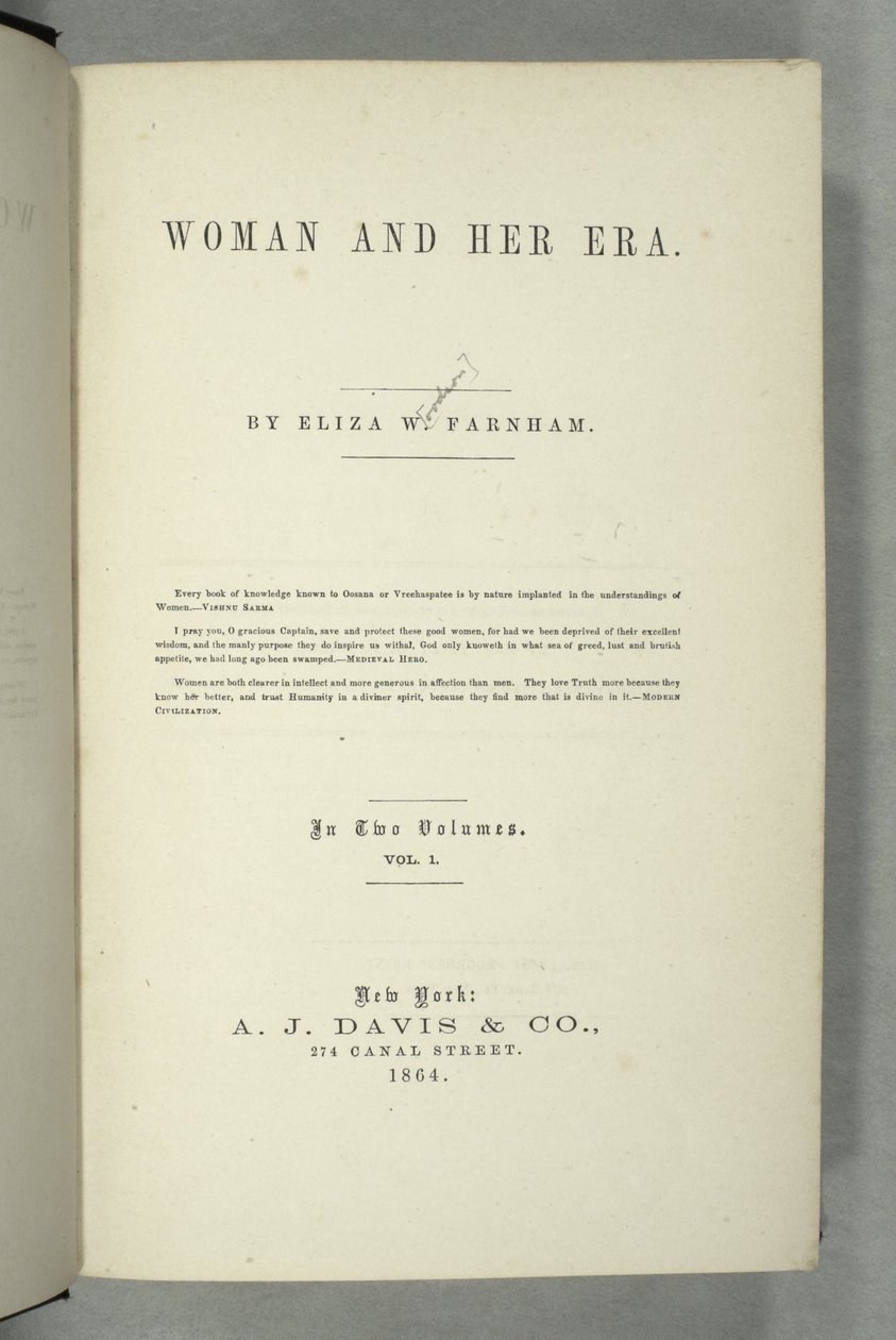 Titelsida för Women and Her Era av Eliza Wood Farnham (1815-64) publicerad i New York, 1864 (tryck) av American School