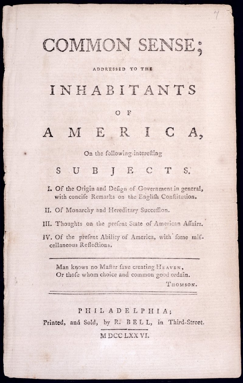 Titelsida till sunt förnuft av Thomas Paine (1737-1809) 1776 (tryckt) av American School