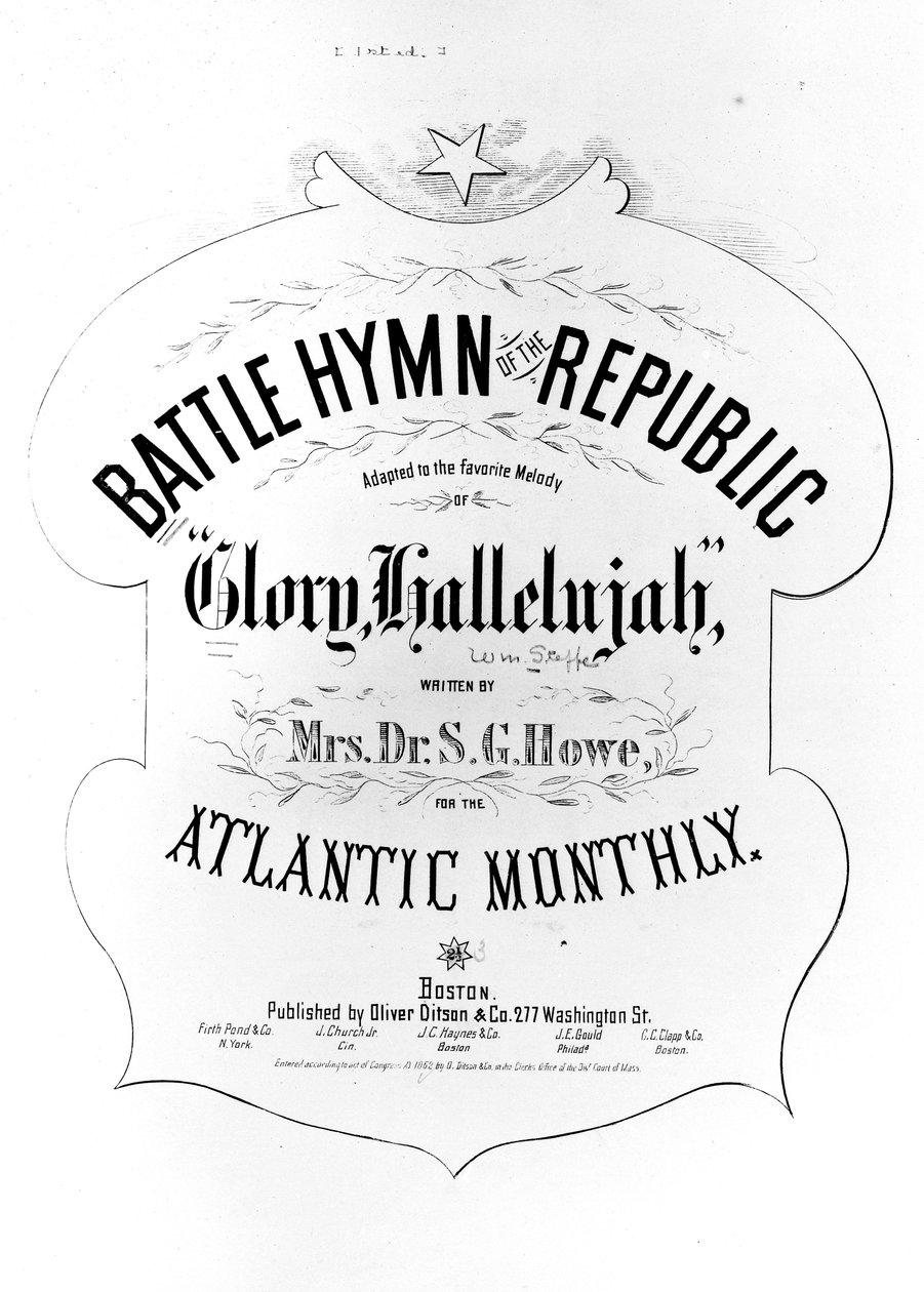 Titelsida till republikens slaghymn, skriven av Julia Ward Howe (1819-1910) 1862 av American School