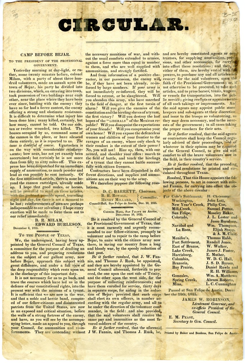 Till The People of Texas angående: belägring av mexikansk garnison i San Antonio de Bexar, 10 december 1835 av American School