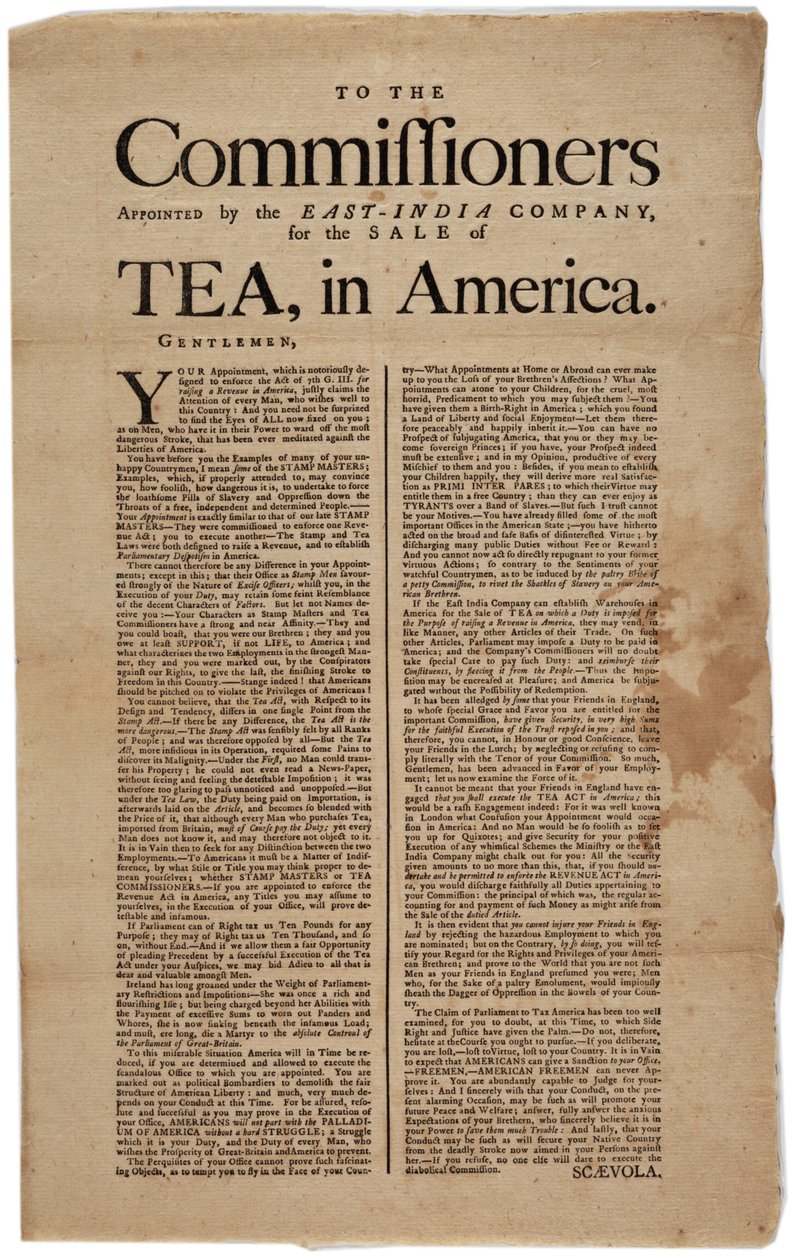 Till kommissionärerna utsedda av East-India Company, för försäljning av te, i Amerika, undertecknad Scaevola, 1773 av American School