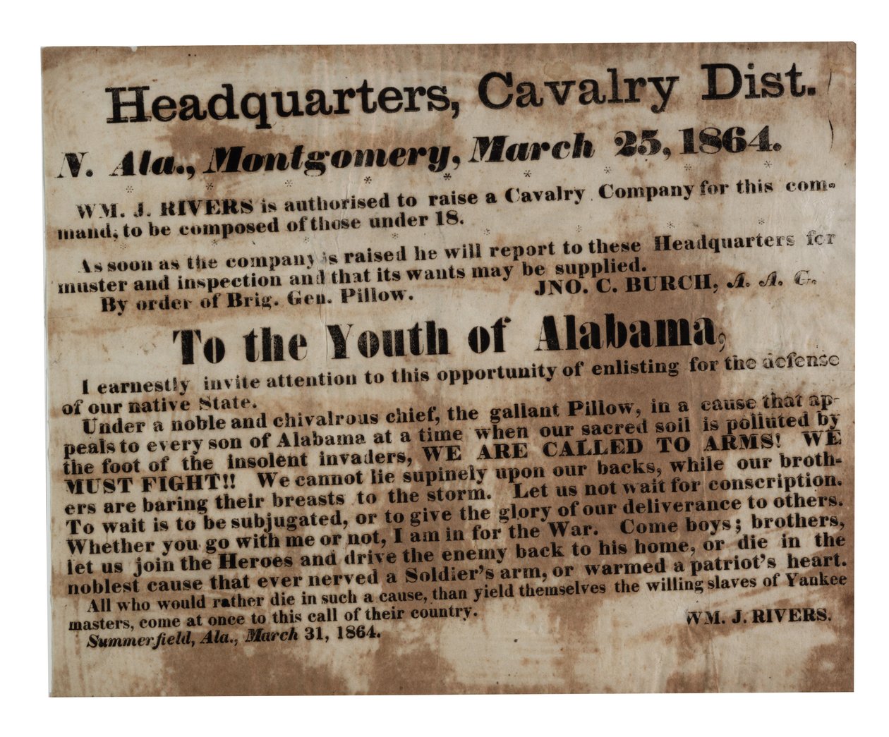 Till ungdomen i Alabama: Vi kallar till vapen! (rekrytering bredsida), 25 mars 1864 av American School
