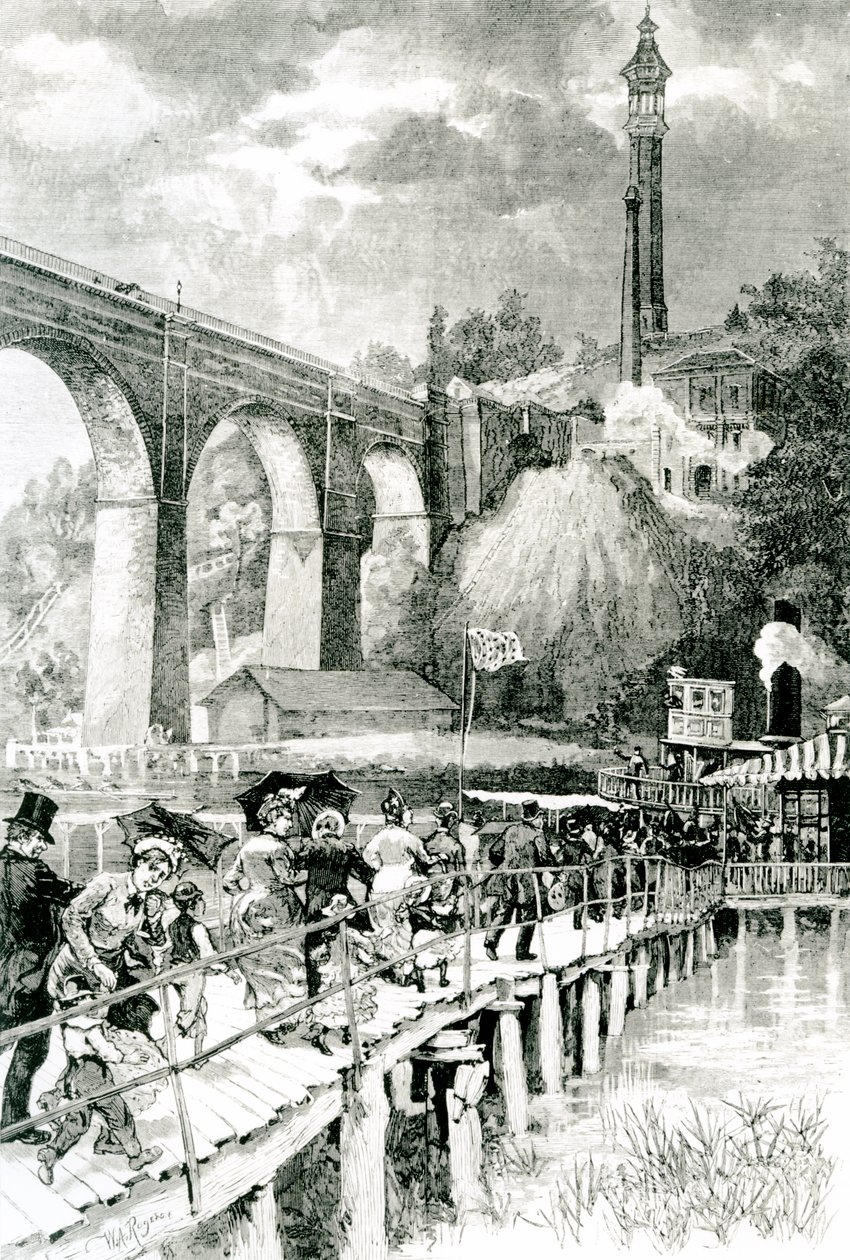 Turister som återvänder till sin ångbåt på Harlemfloden, med High Bridge till vänster, graverad av WA Rogers för Harpers Weekly, 24 juli 1880 av American School