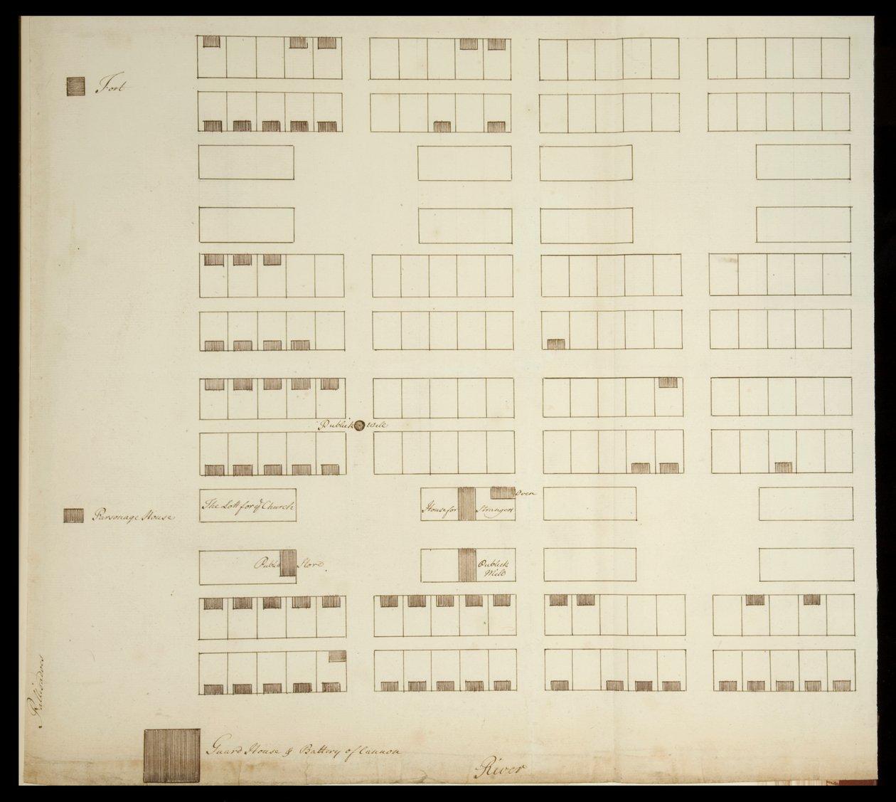 Town Plan of Savannah, c.1733 (penna och bläck på papper) av American School