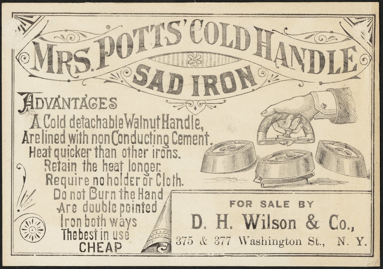 Byteskort för Mrs. Potts" Cold Handle Sad Iron, ca 1870-1900 av American School