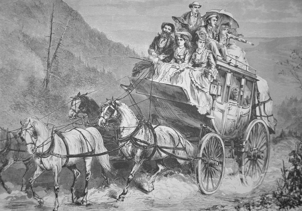 Reser genom den amerikanska västern med Concord Stagecoach på 1860-talet (gravyr) av American School