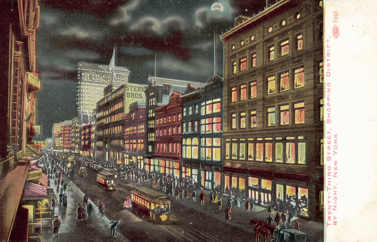 Shoppingdistriktet på Twenty-Third Street i New York, nattetid (färglitografi) av American School