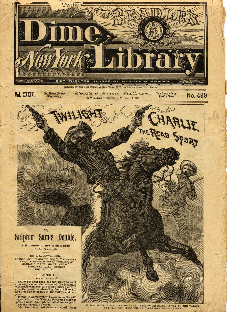 Twilight Charlie, framsidan av Beadles New York Dime Novel, 1888 av American School