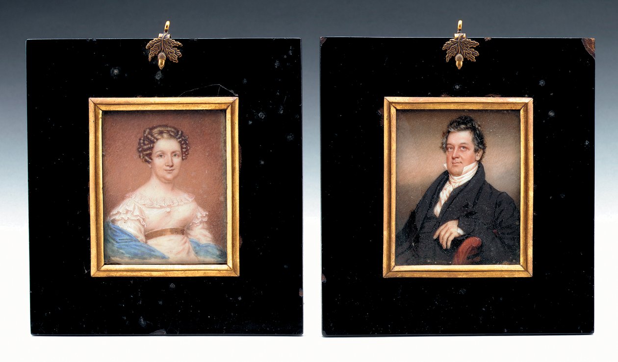 Två miniatyrer av kapten Arent Schuyler de Peyster och hans fru, Sarah Macomb (akvarell på elfenben) av American School
