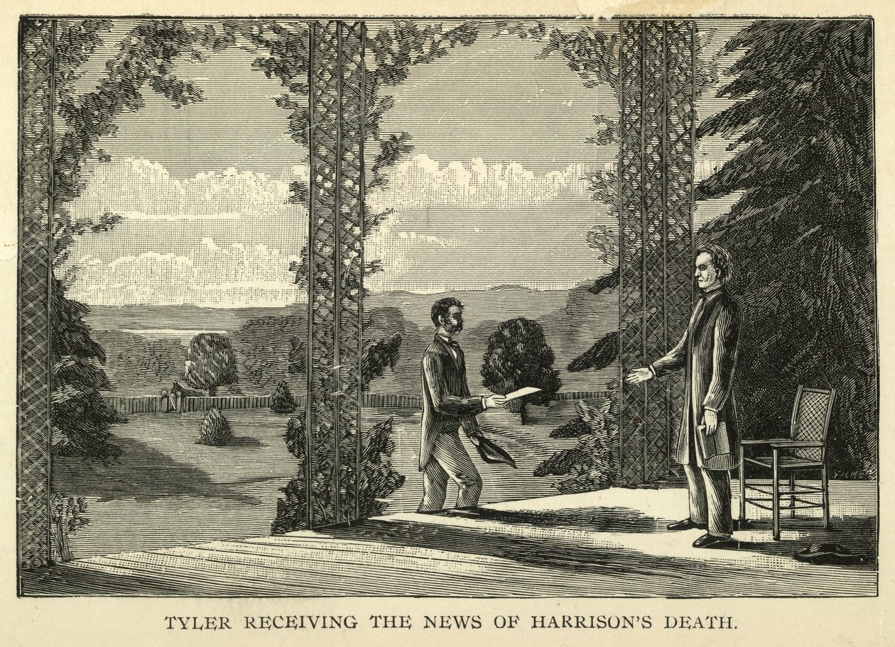 Tyler tar emot nyheterna om Harrisons död, pub.1888 (gravyr) av American School