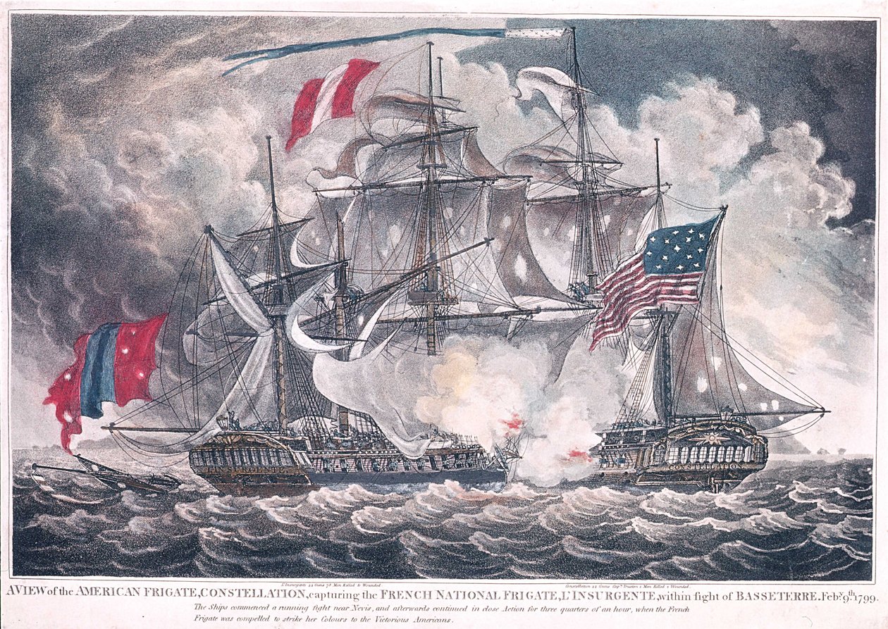 US Fregate Constellation fångar LInsurgente i Västindien vid slaget vid Basseterre, 9 februari 1799, publicerad 1800 av American School