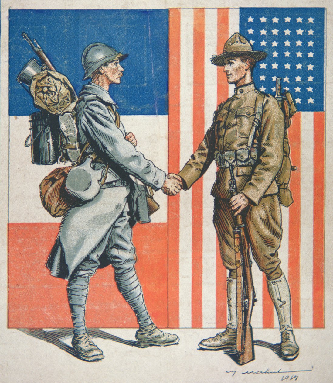 Amerikansk soldat skakar hand med en fransk soldat, Amerikas inträde i första världskriget av American School