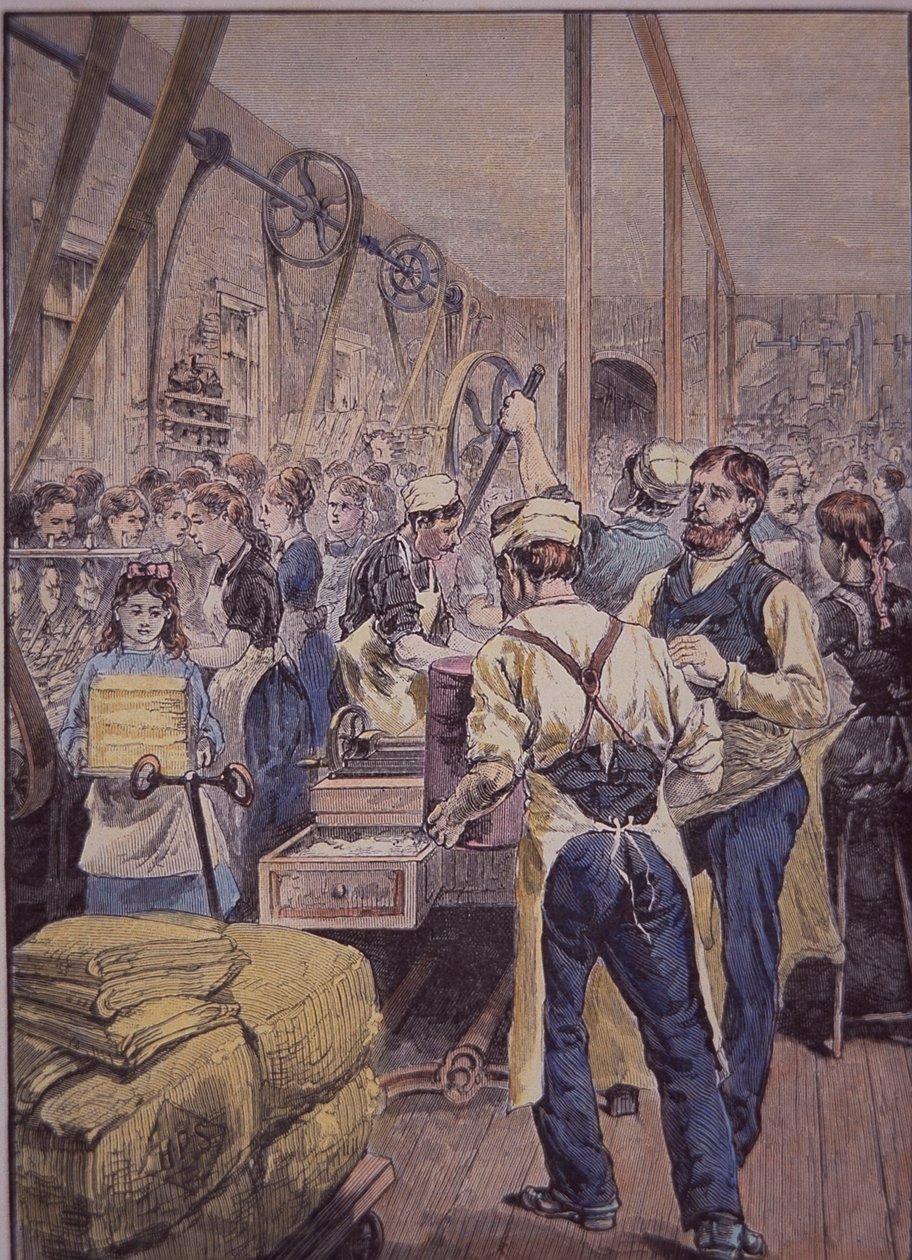 Amerikansk textilindustri, textilfabrik i norr, ca 1870 (färgad gravyr) av American School