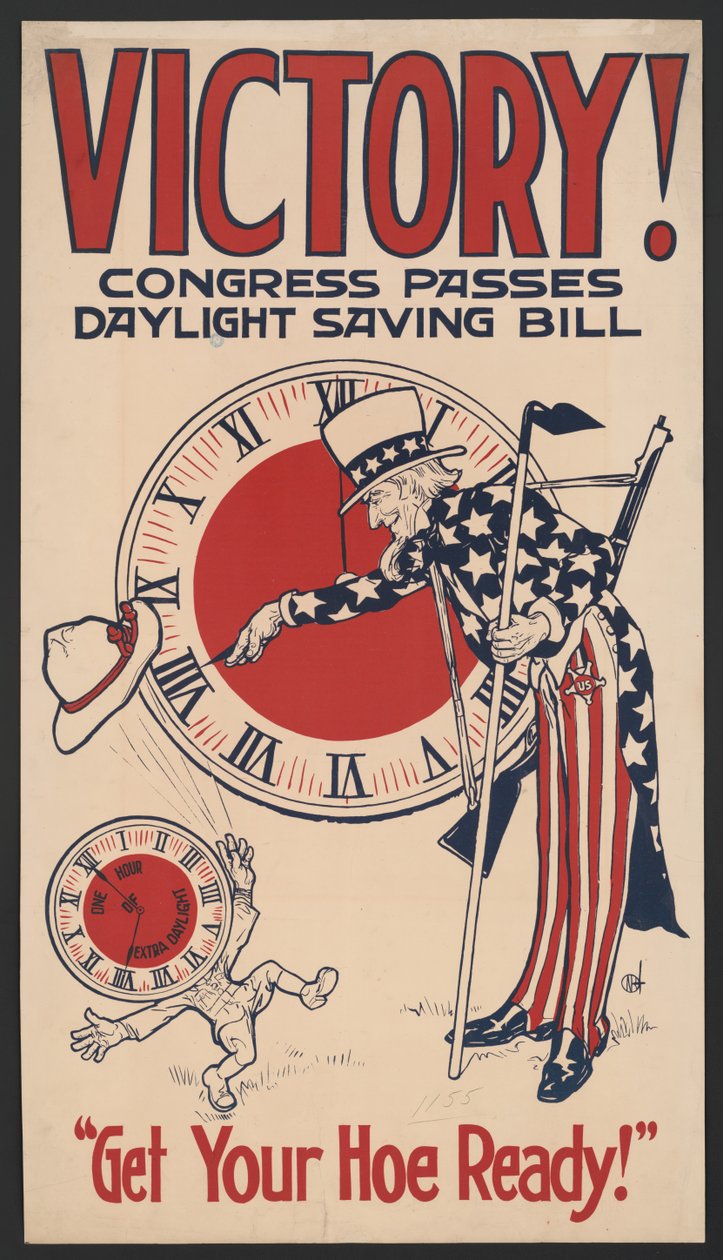 Uncle Sam vänder tillbaka klockan, Victory! Kongressen godkänner sommarlovet, gör dig redo!, affisch för sommartid under första världskriget, USA, 1918 av American School