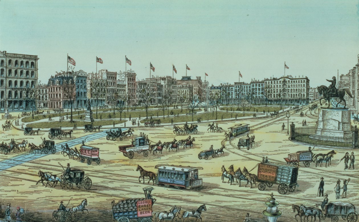 Union Square och Fourteenth Street till Seventeenth Street, från en serie med 48 Views of New York and Environs, pub. av Charles Magnus av American School