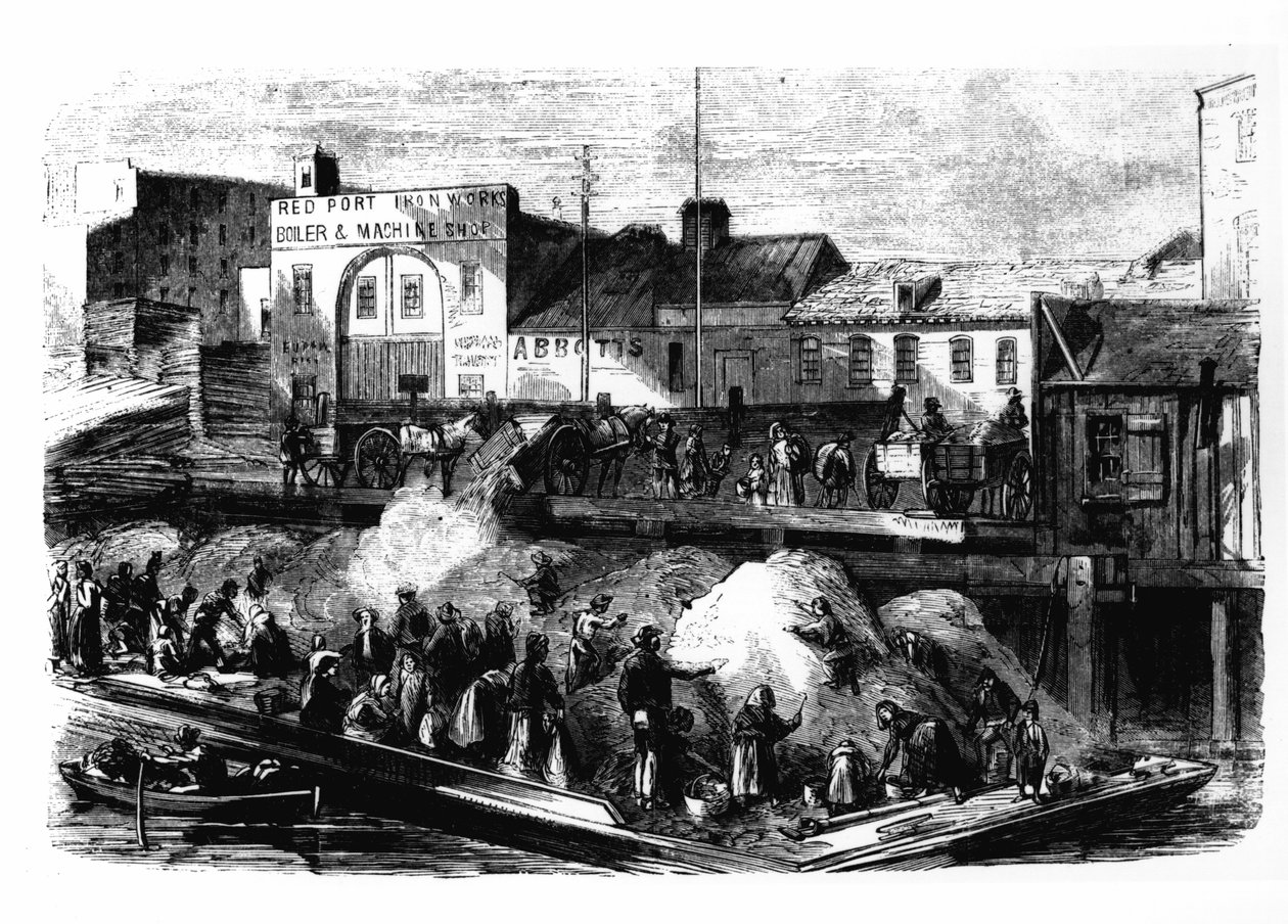 Luffare plockar trasor att sälja från soptippen på Beach Street, New York, ca 1870 av American School