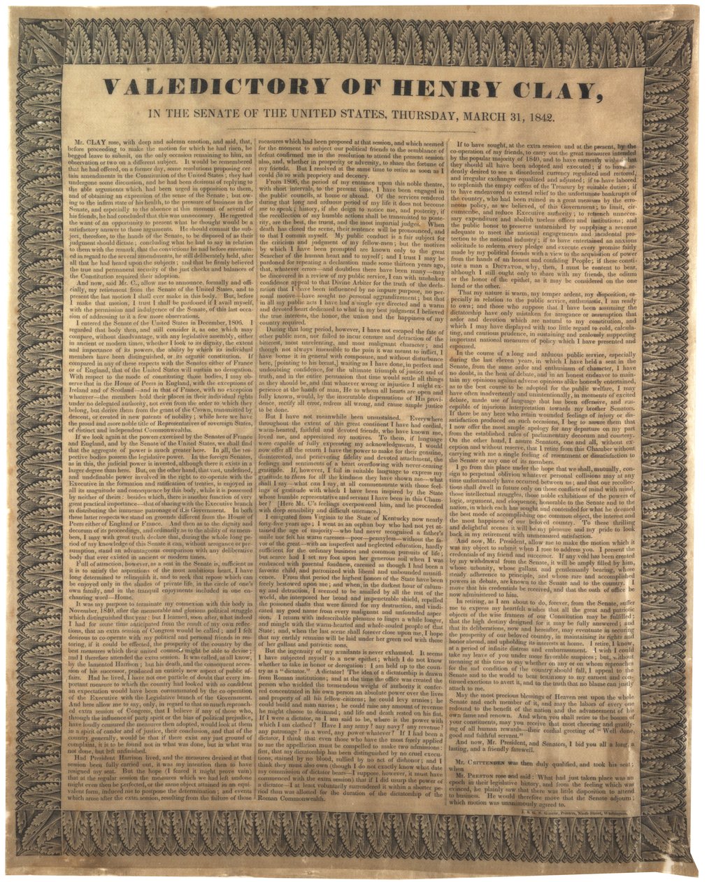 Valedictory of Henry Clay, i senaten i USA, 31 mars 1842 av American School