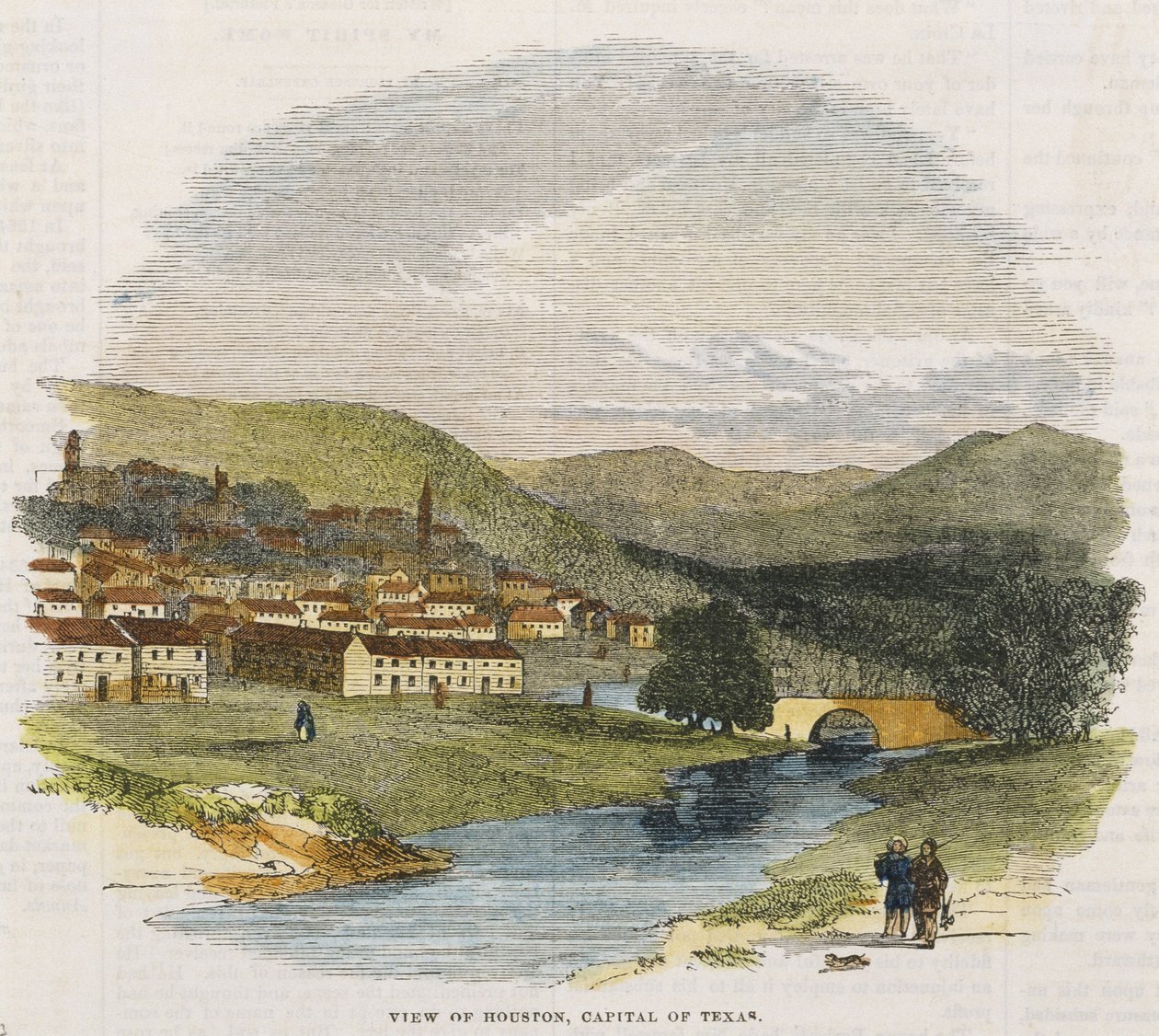 Utsikt över Houston, Texas huvudstad, ca. 1852 (handfärgad trästick) av American School